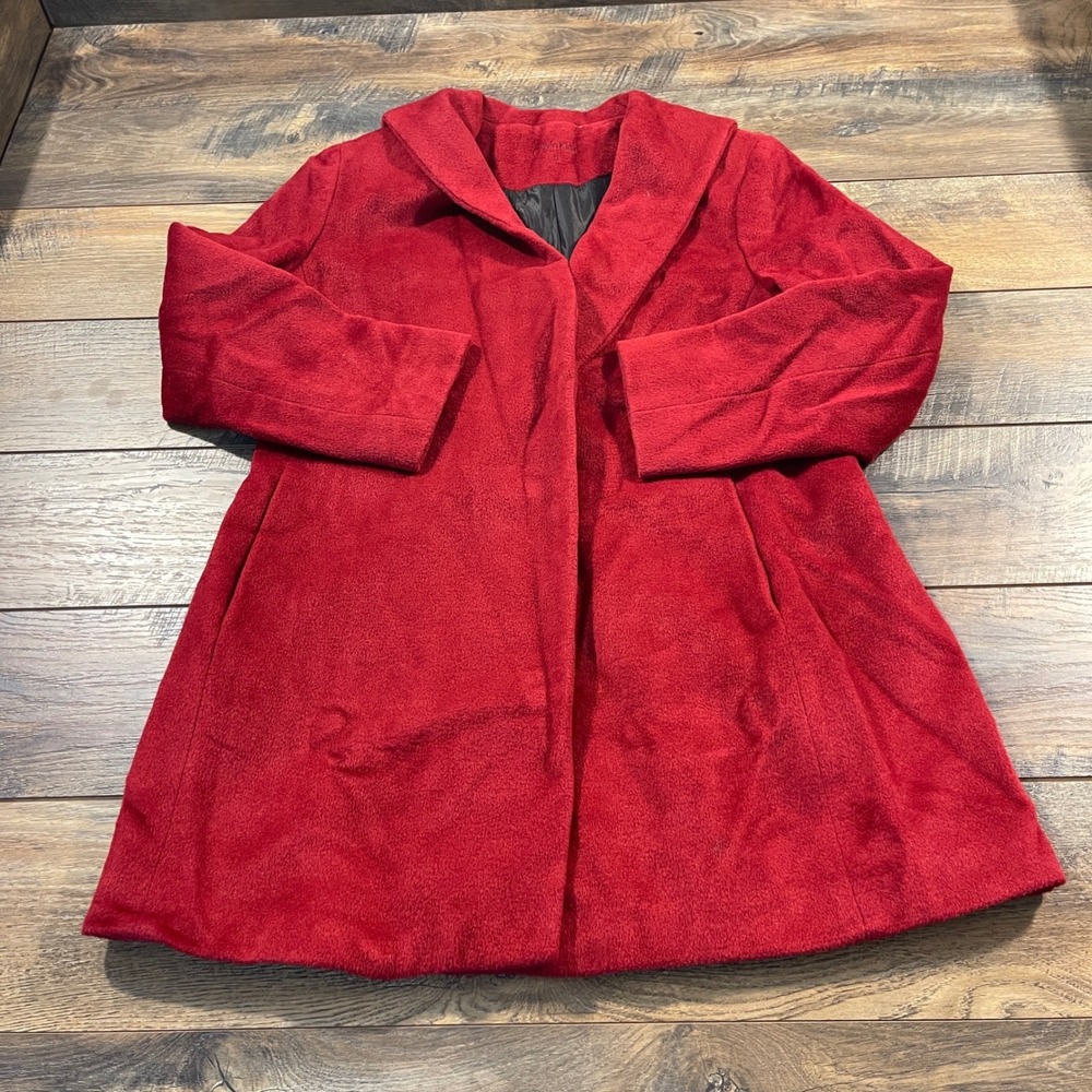 Calvin Klein Red Wool Angora Blend Car Coat Jacket Womens 12 Notch Lapel Luxury